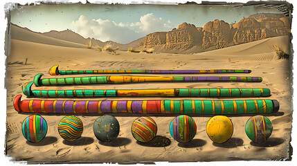 Desert scene with multicolored balls, sticks, and traditional tribal ritual objects