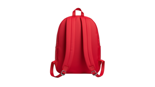  Single red backpack, isolated on a transparent background, shown from the back, emphasizing its clean lines and functional features for daily use