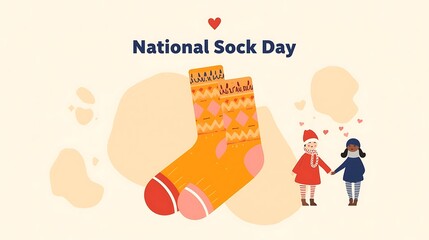 National sock day banner with colorful knit socks patterned argyle and fair isle beside two friends in winter outfits holding hands wearing beanies scarves and striped socks for seasonal promo