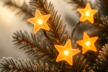 Glowing Star Christmas Lights on Pine Branches