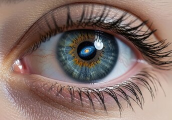 Naklejka premium Extreme closeup of a human eye reflecting a galaxy, symbolizing the universe within, consciousness, and infinite possibilities