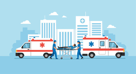 Flat vector illustration of ambulance paramedics in blue uniforms carrying elderly man on gurney outside hospital with modern buildings and blue sky background