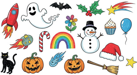 Vector art of collection of whimsical cartoon elements including a rocket, ghost, bat, and pumpkins