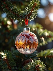Close-Up of Glowing Crystal Ornaments on Frosted Pine Tree with Sunlight
