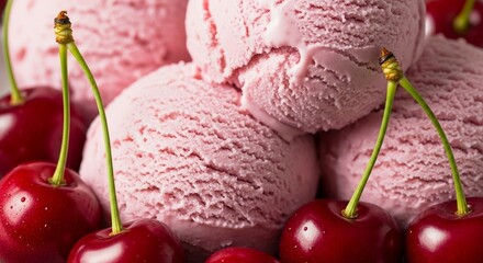 Close Up of Cherry Ice Cream Scoops with Fresh Ripe Cherries
