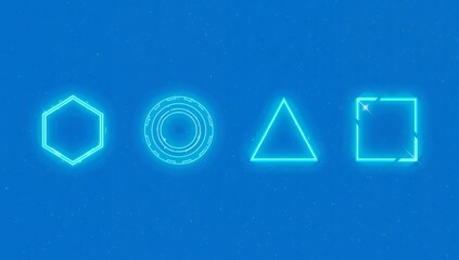 Digital neon HUD frames in futuristic geometric forms. Bright lightning portals with text. Game UX design elements. Futuristic technology cyberpunk set. Hexagon frame, circle HUD, square, and triangle