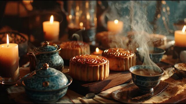 Mooncakes on the Table: A captivating array of mooncakes, complemented by tea and candlelight, evoke a warm feeling of cultural celebration and sweet indulgence.