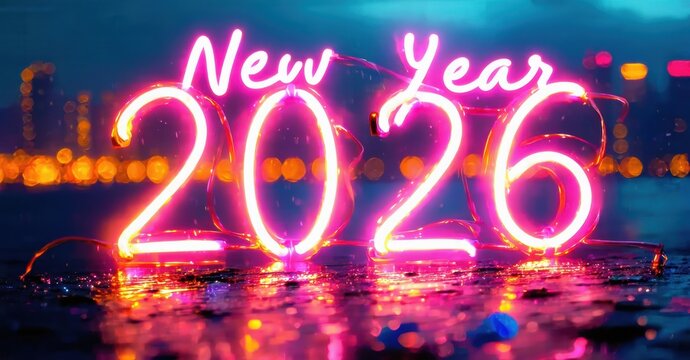 Bright neon sign displays New Year 2026 over water reflecting city lights. Festive, vibrant illumination creates celebratory mood.