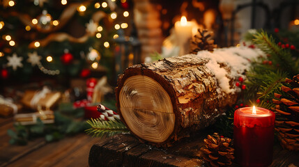 Christmas tree stump, candles and fir branches on a wooden background.