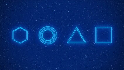 Digital neon HUD frames in futuristic geometric forms. Bright lightning portals with text. Game UX design elements. Futuristic technology cyberpunk set. Hexagon frame, circle HUD, square, and triangle