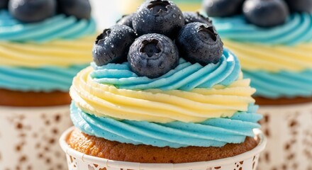 Close Up of Cupcake with Blue Frosting and Fresh Blueberries
