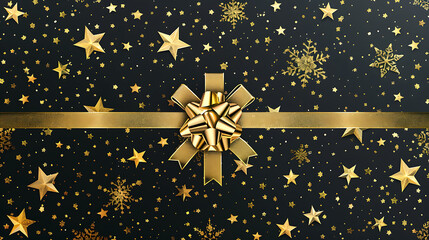 Gift box with golden bow and snowflakes on black background