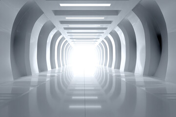 Minimal 3D scene featuring a luminous circular gateway fading into a soft white void, representing purity, advancement, and digital transcendence.