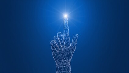 Wireframe Hand Pointing Upward – Glowing Fingertip Activating Futuristic Digital Interface in Blue Gradient Backgroun