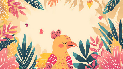 Naklejka premium Cute bird and tropical leaves background. Vector illustration in flat style