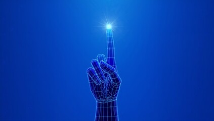 Wireframe Hand Pointing Upward – Glowing Fingertip Activating Futuristic Digital Interface in Blue Gradient Backgroun