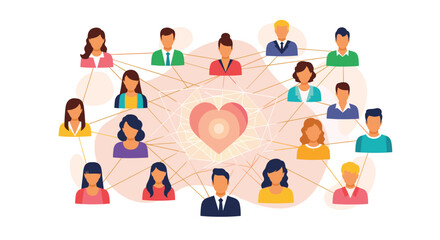 Fototapeta premium Diverse Group of People Connected in a Network Around a Heart Symbol.