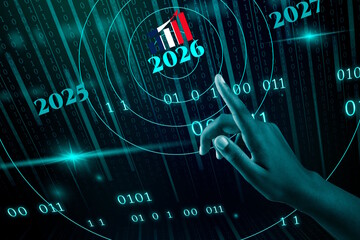 Touche du doigt les objectifs de croissance pour 2026 pour repr&eacute;senter le commerce, les affaires avec un fond de donn&eacute;es binaires