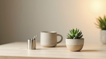 A minimalist desk setup with a succulent, mug, and small metal container
