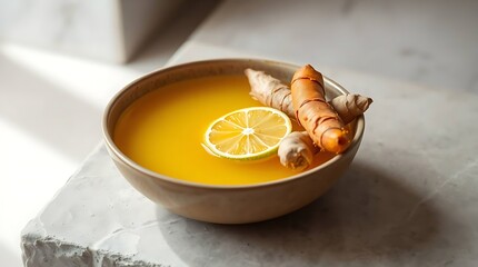 Turmeric Herbal Drink with Fresh Roots, Ginger, and Lime on Marble Table – Natural Wellness Concept