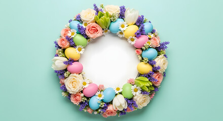 Easter wreath made of colorful spring flowers, leaves and easter eggs. wallpaper Natural round frame layout with paper card. Flat lay. 
