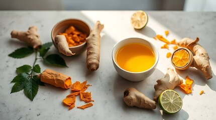 Turmeric Herbal Drink with Fresh Roots, Ginger, and Lime on Marble Table – Natural Wellness Concept