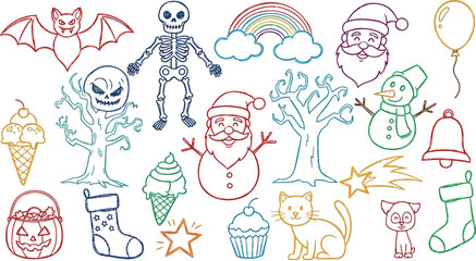 Vector art of collection of handdrawn doodle icons for halloween, christmas, and other holidays