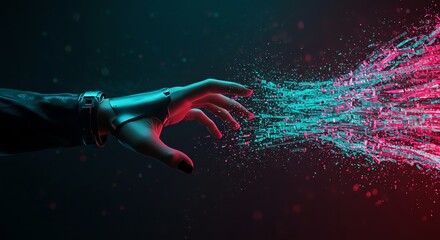 Futuristic Cybernetic Hand Reaching Digital Data Stream Hologram