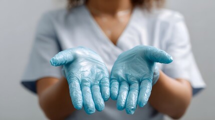 Healthcare professional holds blue disposable gloves offering assistance and protection