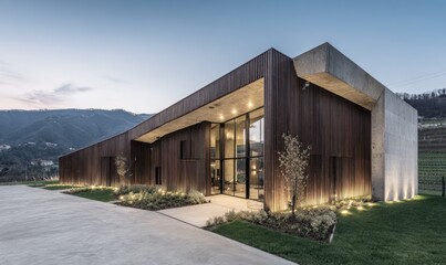 Fototapeta premium A modern, contemporary structure with dark wood cladding and concrete accents, situated on a grassy expanse, commands a scenic hillside view.
