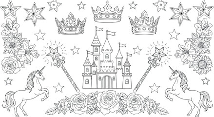 Vector art of fantasy illustration of a castle, unicorns, crowns, magic wands, and flowers © SampaRani