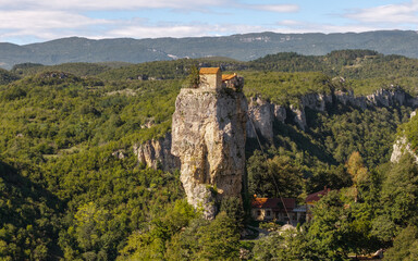 Aerial view of Katskhi Pillar, a monastery built on a tall rock in Georgia