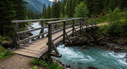 Wooden bridge crossing a rushing river in a lush green forest