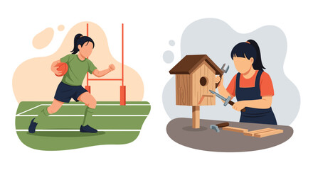 Woman playing rugby and building a birdhouse hobby illustration.