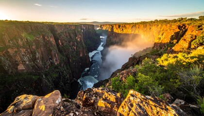 Vast canyon, waterfall, sunrise glow