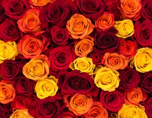 A vibrant floral display of roses in varying shades of red, orange, and yellow
