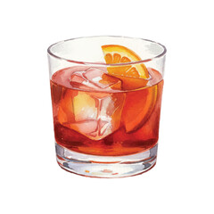 Watercolor Vector of Negroni Cocktail with Orange Slice on White Background