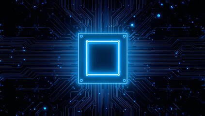 Technology quantum blue portal on circuit motherboard with thin line glowing wires. Tech background. Ai chip concept. Abstract light neon square frame HUD. Computer digital bg. Vector illustration 4k