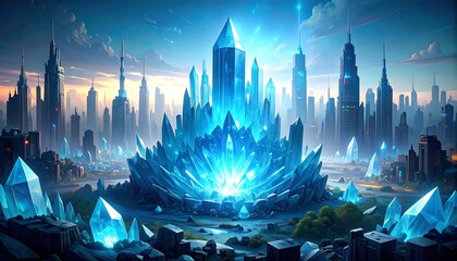 Vast city backdrop, immense crystal structure