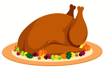 Illustration of a Roasted Thanksgiving Turkey with Garnishes on a Large Platter Surrounded by Seasonal Vegetables and Small Pumpkins