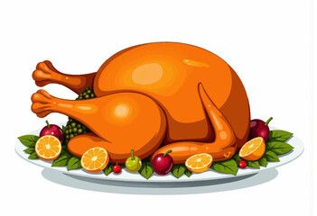 Illustration of a Whole Roasted Turkey on a Platter Garnished with Fresh Citrus Fruits and Leaves for a Festive Dinner Celebration