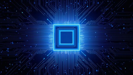 Futuristic Glowing Microchip on Circuit Board – Artificial Intelligence and Digital Technology Concept