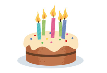 Illustration of a Delicious Chocolate Cake with Colorful Frosting and Five Lit Birthday Candles for a Festive Celebration