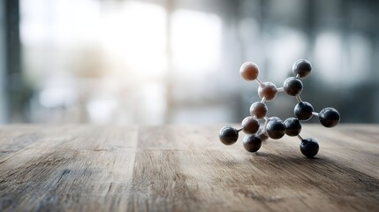 A detailed molecular model sits on a wooden surface with a bright blurred background ideal for science concepts