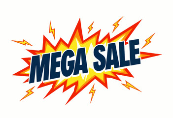 Fototapeta premium Colorful Promotional Graphic with Bold Comic Style Featuring a Dynamic Mega Sale Text Surrounded by Explosive Elements for an Eye-Catching Visual Impact