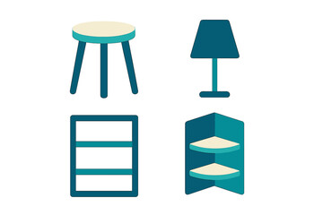 Collection of modern minimalist furniture and home decor items including a stool, table lamp, and various shelves