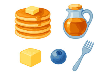 Stack of golden pancakes with melting butter and maple syrup, alongside a syrup pitcher, fresh blueberry, and a fork