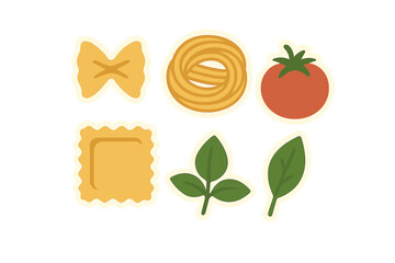 Collection of various Italian pasta shapes including farfalle, tagliatelle, ravioli, alongside a ripe red tomato and fresh green basil leaves