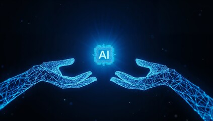 Artificial Intelligence Protection Concept with Digital Wireframe Hands Holding AI Microchip