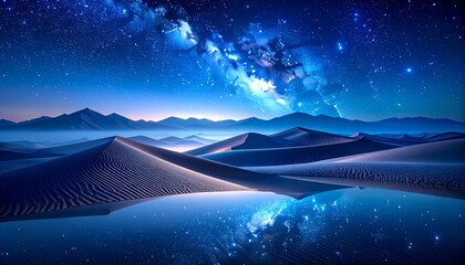 Vast desert dunes reflect a starry night sky
